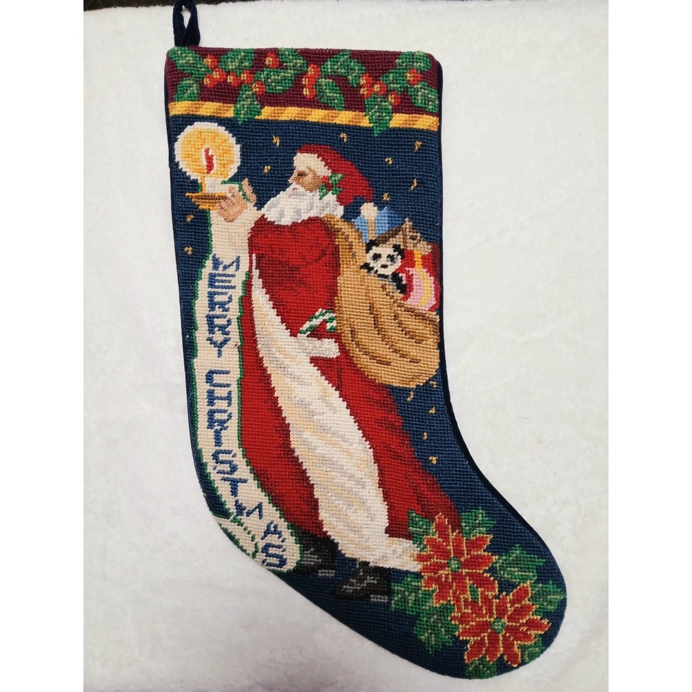 Wool Needlepoint Old World Santa Poinsettia Merry Christmas Stocking Blue Velvet